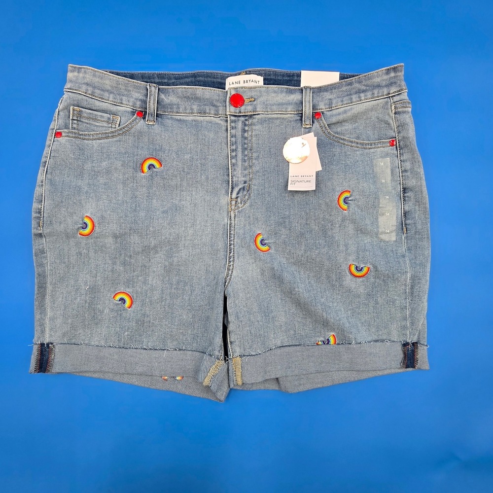 Lane Bryant Rainbow Embroidered Denim Shorts 14 Mid Rise Boyfriend Midi Flex